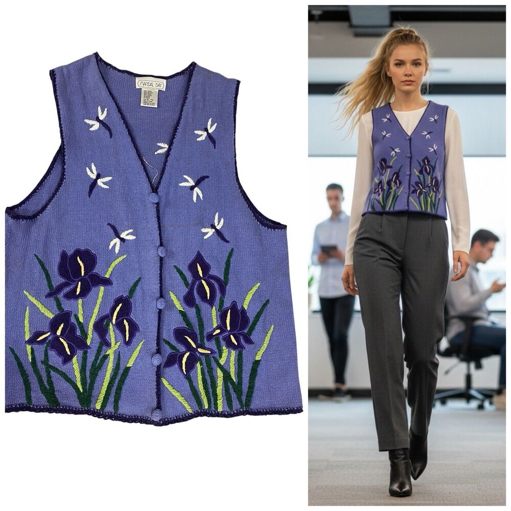 Mandal Bay Sweater Vest Womens XL Lavender Purple Embroidered Iris Dragonfly